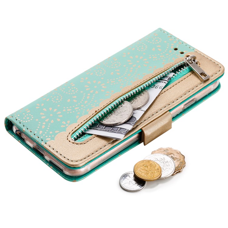 Lace Flower Zipper Pocket Leather Wallet Phone Cover for iPhone 6 Plus/6s Plus - Green-4