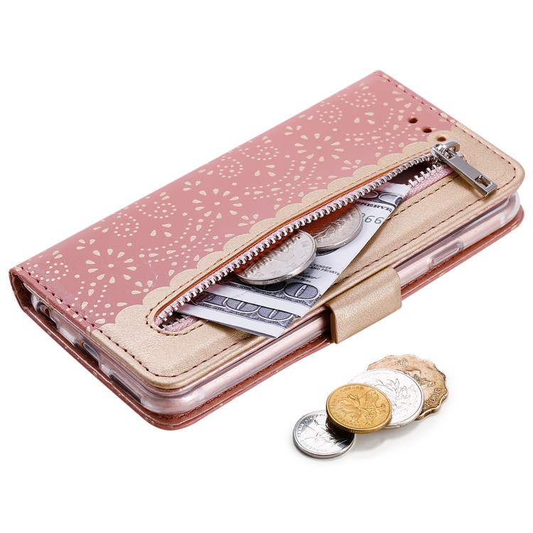 Lace Flower Zipper Pocket Leather Wallet Phone Cover for iPhone 6 Plus/6s Plus - Rose Gold-4
