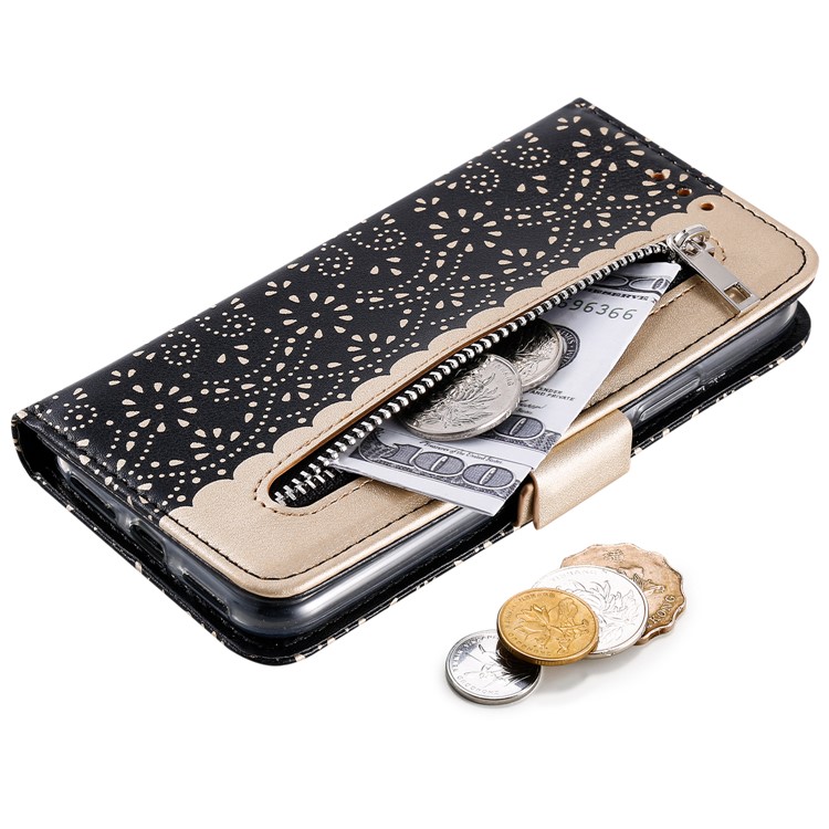 Lace Flower Pattern Zipper Pocket Leather Wallet Phone Cover for iPhone X/XS - Black-4