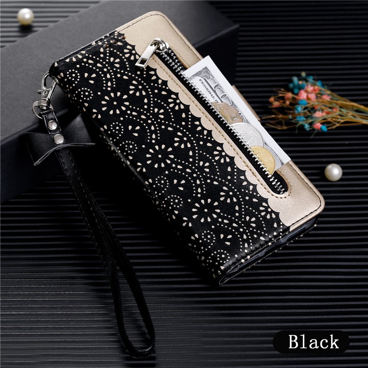 Lace Flower Pattern Zipper Pocket Leather Wallet Phone Cover for iPhone X/XS - Black-6