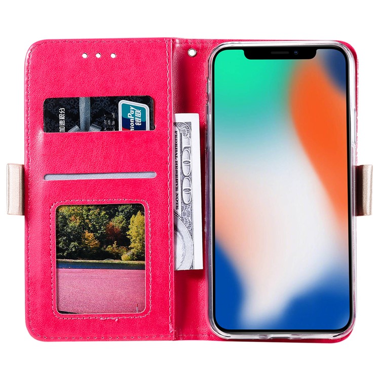 Lace Flower Pattern Zipper Pocket Leather Wallet Phone Cover for iPhone X/XS - Rose-3
