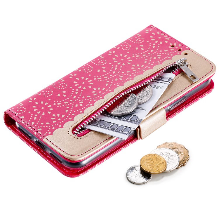 Lace Flower Pattern Zipper Pocket Leather Wallet Phone Cover for iPhone X/XS - Rose-4