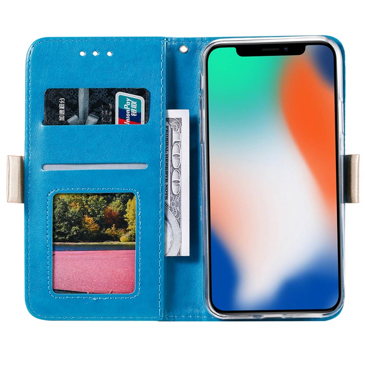 Spitzeblumenmuster-Reißverschlusstaschenleder-Mappentelefonabdeckung Für Iphone X / XS - Blau-3