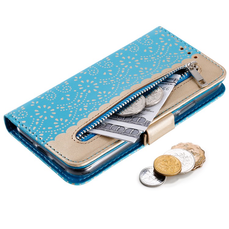 Spitzeblumenmuster-Reißverschlusstaschenleder-Mappentelefonabdeckung Für Iphone X / XS - Blau-4