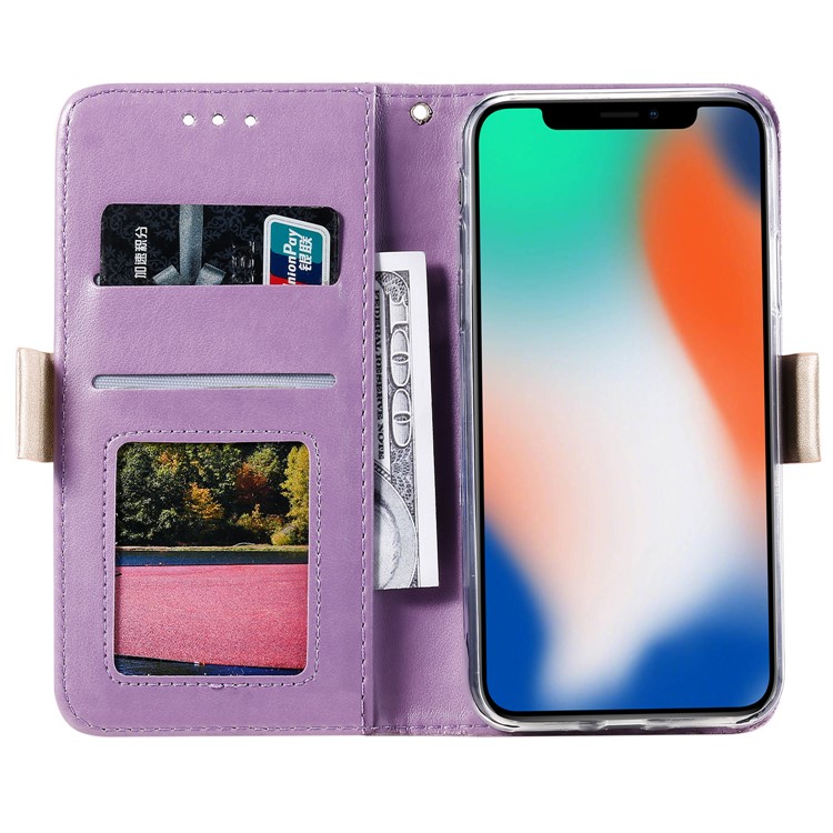Lace Flower Pattern Zipper Pocket Leather Wallet Phone Cover for iPhone X/XS - Purple-3