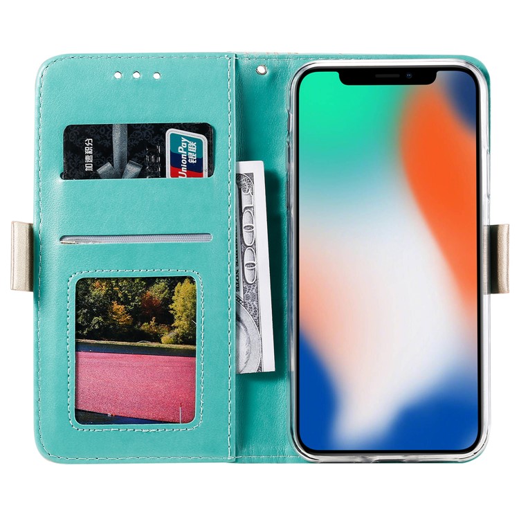 Lace Flower Pattern Zipper Pocket Leather Wallet Phone Cover for iPhone X/XS - Green-3