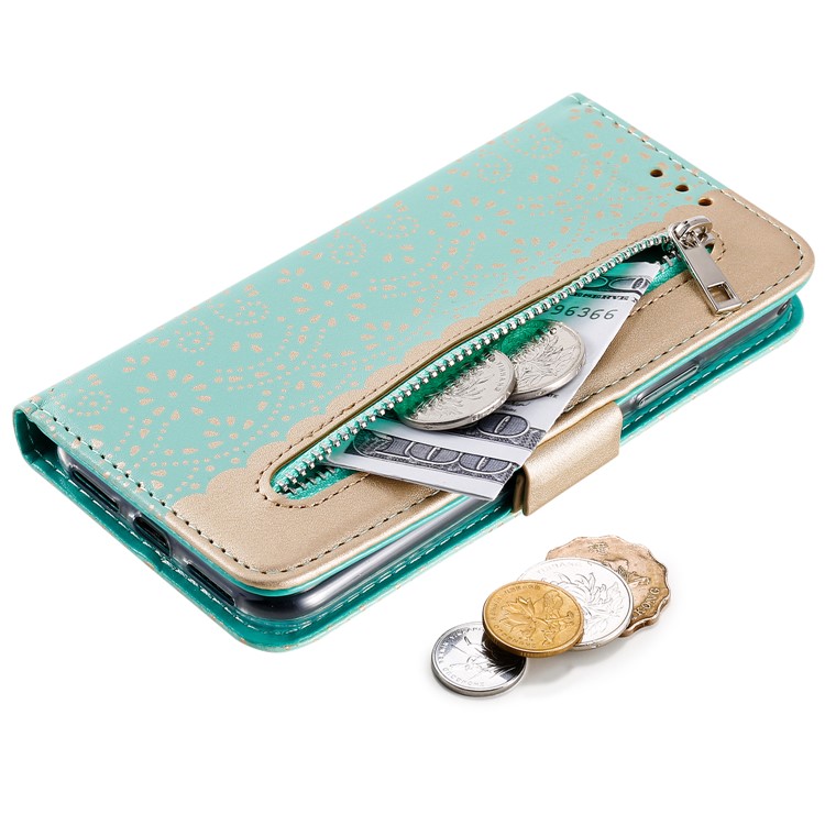 Lace Flower Pattern Zipper Pocket Leather Wallet Phone Cover for iPhone X/XS - Green-4
