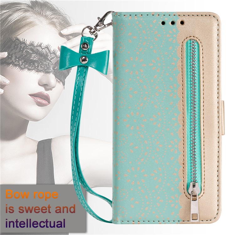 Lace Flower Pattern Zipper Pocket Leather Wallet Phone Cover for iPhone X/XS - Green-6