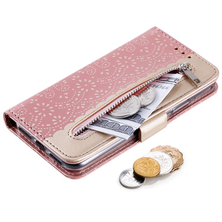 Lace Flower Pattern Zipper Pocket Leather Wallet Phone Cover for iPhone X/XS - Rose Gold-4