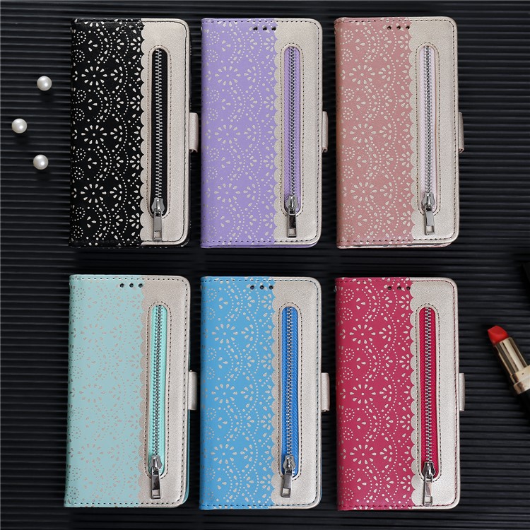 Lace Flower Pattern Zipper Pocket Leather Phone Cover Wallet for iPhone 7 Plus/8 Plus - Black-7