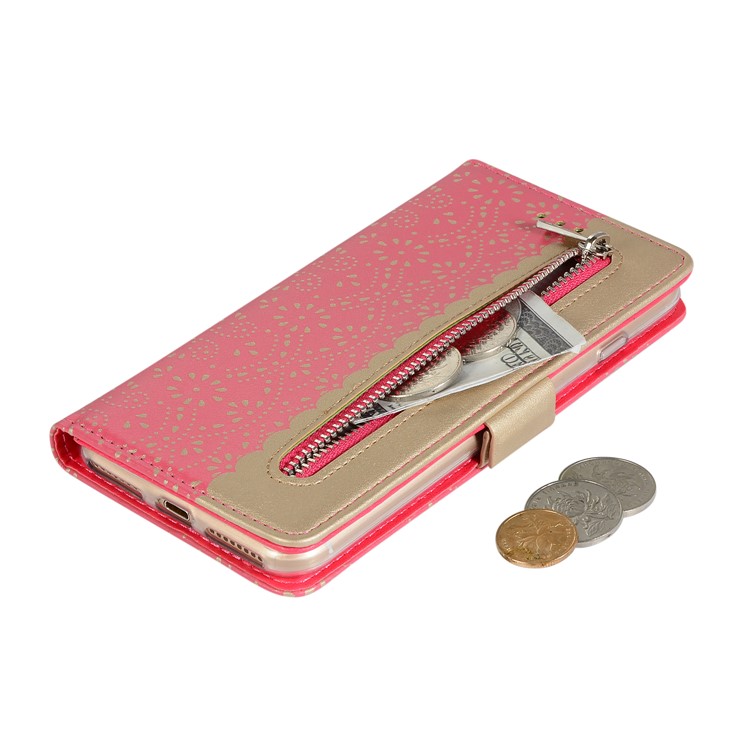 Lace Flower Pattern Zipper Pocket Leather Phone Cover Wallet for iPhone 7 Plus/8 Plus - Rose-4