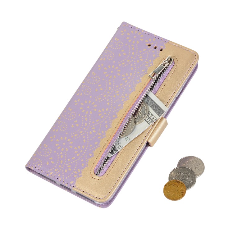 Lace Flower Pattern Zipper Pocket Leather Phone Cover Wallet for iPhone 7 Plus/8 Plus - Purple-5