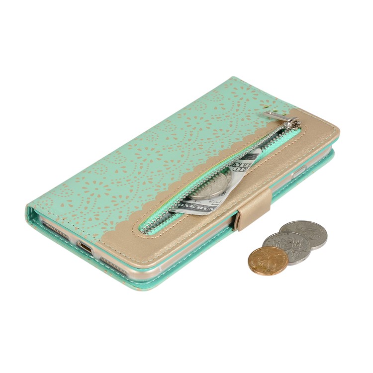 Lace Flower Pattern Zipper Pocket Leather Phone Cover Wallet for iPhone 7 Plus/8 Plus - Green-5