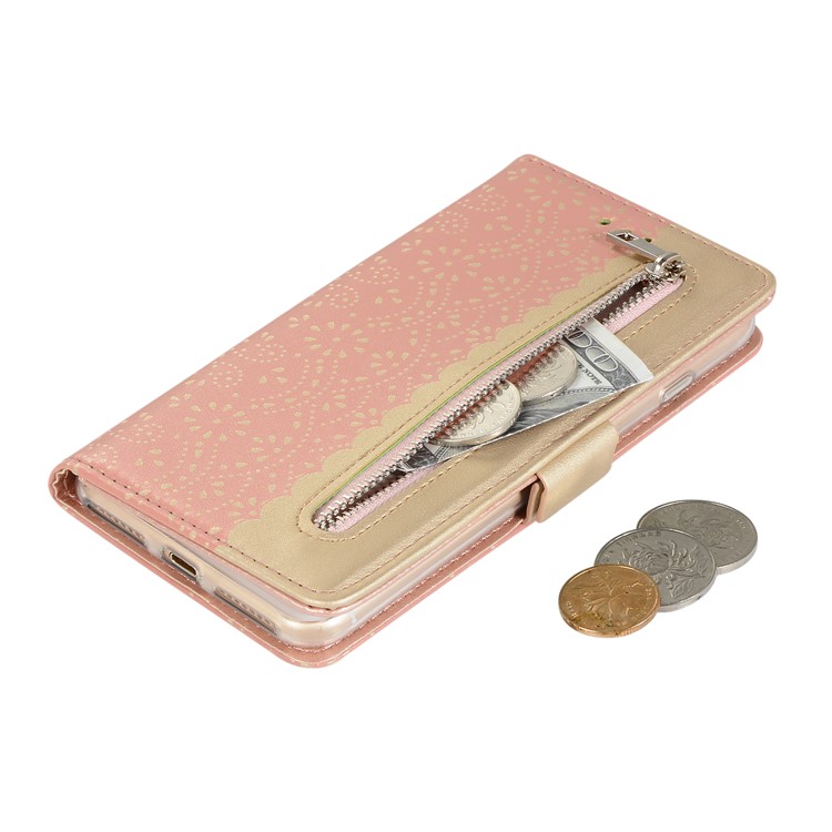 Spitzenblumenmuster Reißverschluss Pocket Leder Phone Deckhilfe Brieftasche Für IPhone 7 Plus/8 Plus - Roségold-4