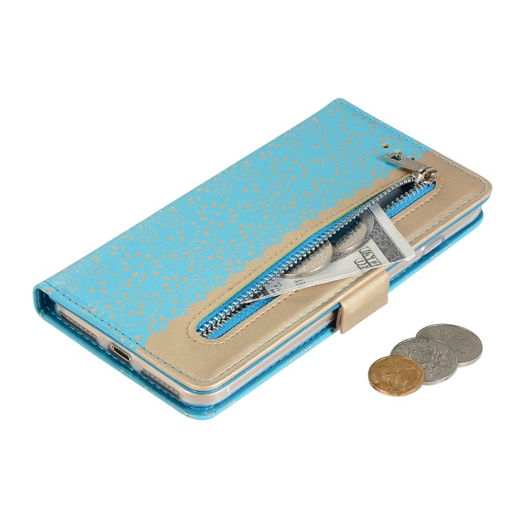 Lace Flower Pattern Zipper Pocket Leather Phone Cover Wallet for iPhone 7 Plus/8 Plus - Blue-4