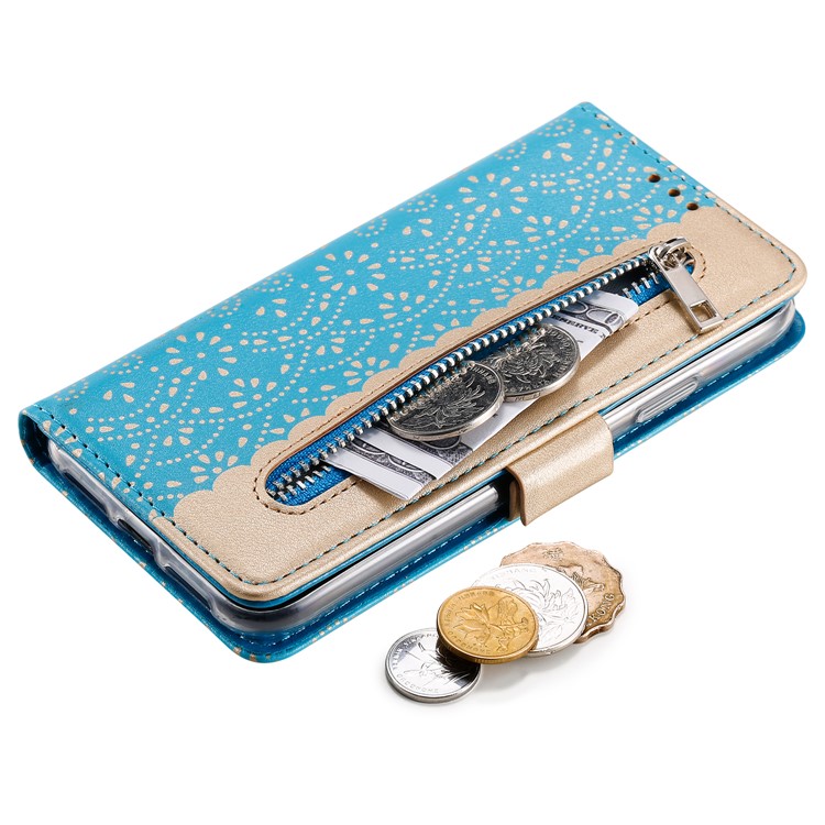 Lace Flower Zipper Leather Wallet Phone Cover for iPhone XR - Blue-6