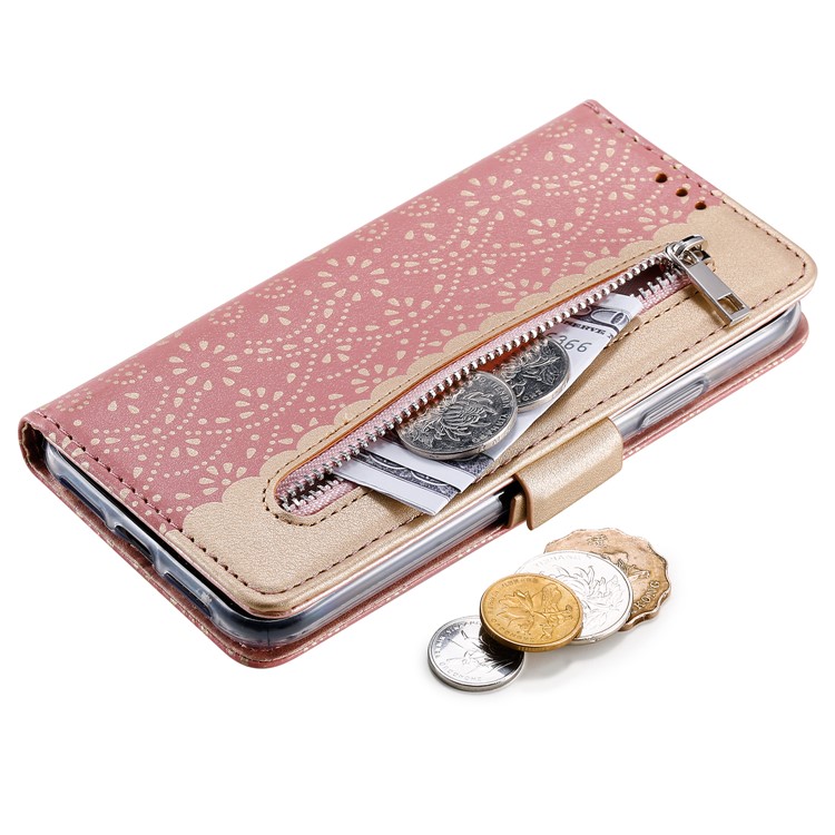 Lace Flower Zipper Leather Wallet Phone Cover for iPhone XR - Rose Gold-6