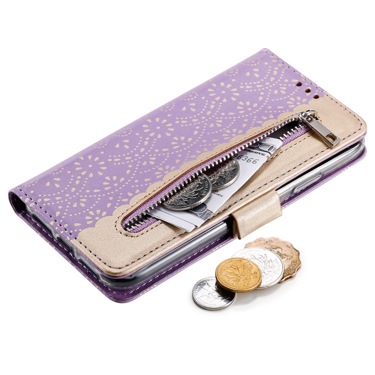 Lace Flower Zipper Leather Wallet Phone Cover for iPhone XR - Purple-6