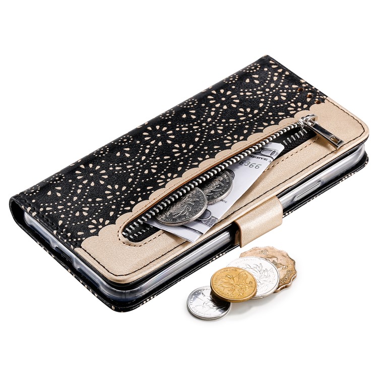 Lace Flower Zipper Leather Wallet Phone Cover for iPhone XR - Black-6