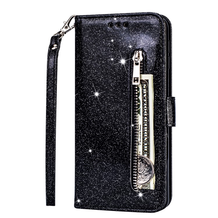 Flash Powder Zippered Stand Leather Wallet Cover with Strap for iPhone (2019) 6.5-inch - Black-2