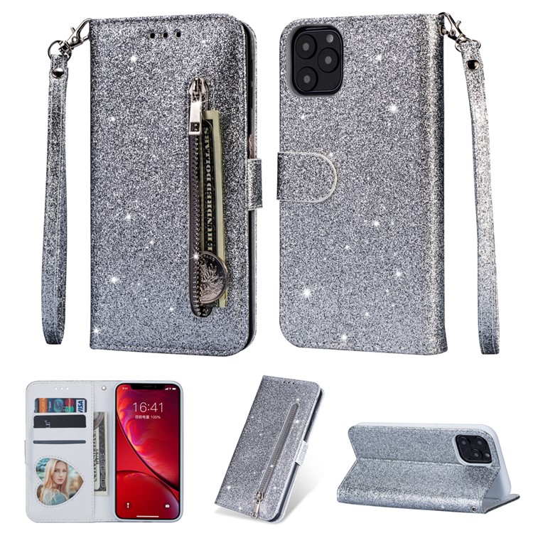 Flash Powder Zippered Stand Leather Wallet Cover with Strap for iPhone 11 Pro Max 6.5-inch (2019) - Silver-1