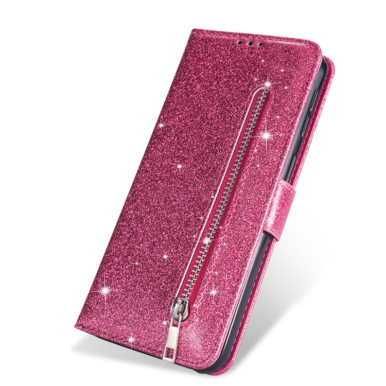 Flash Powder Zippered Stand Leather Wallet Cover with Strap for iPhone 11 Pro Max 6.5-inch (2019) - Deep Pink-6