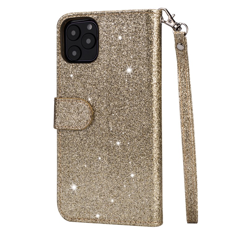 Flash Powder Zippered Stand Leather Wallet Cover with Strap for iPhone 11 Pro Max 6.5-inch (2019) - Gold-3