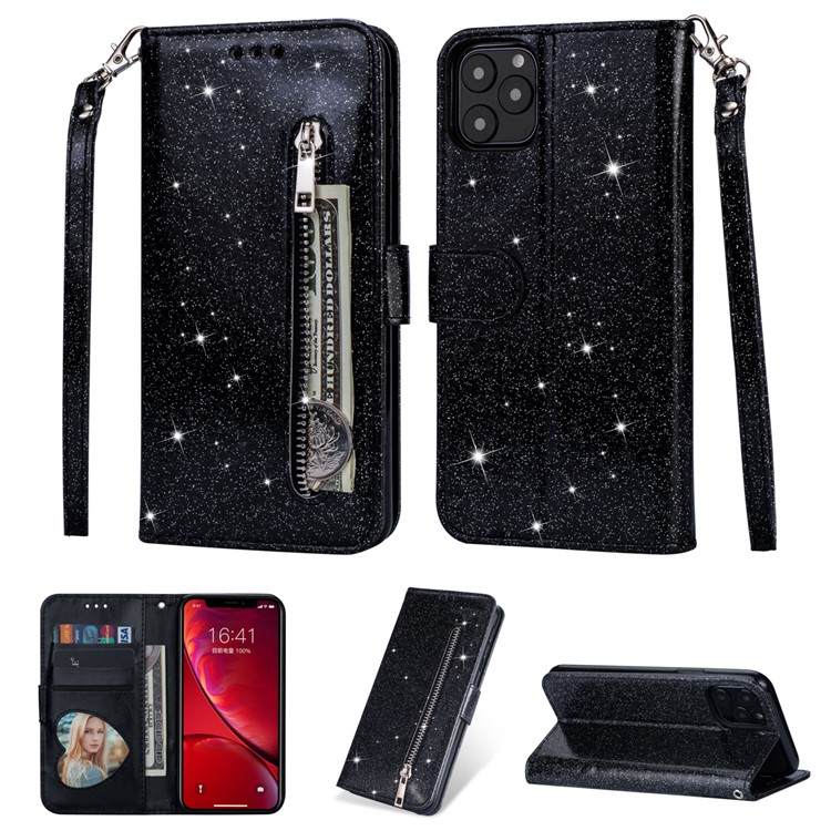 Flash Powder Zippered Stand Leather Wallet Cover with Strap for iPhone (2019) 6.1-inch - Black-1