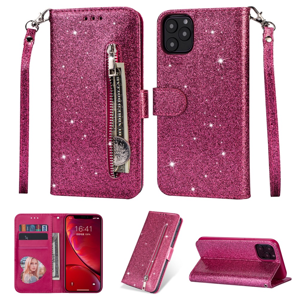 Flash Powder Zippered Stand Leather Wallet Cover with Strap for iPhone 11 6.1-inch (2019) - Hot Pink-1