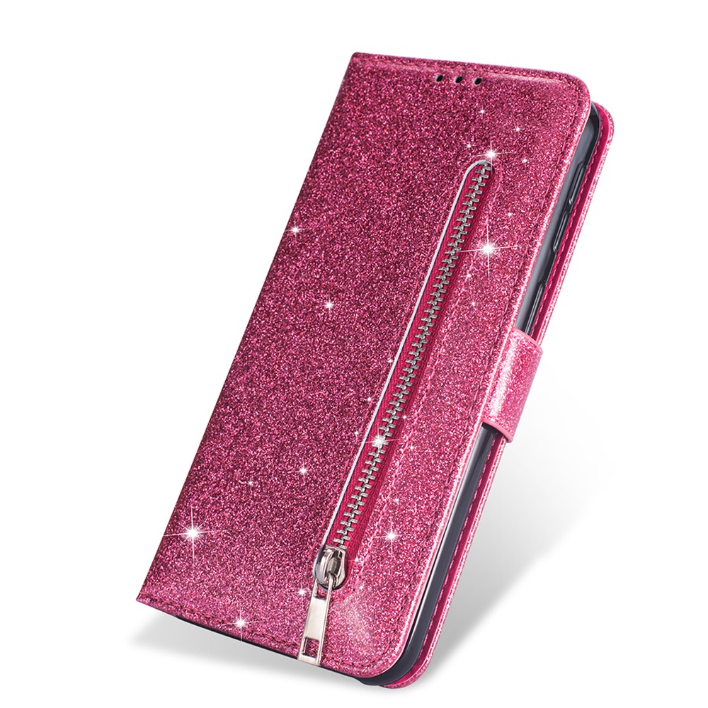 Flash Powder Zippered Stand Leather Wallet Cover with Strap for iPhone 11 6.1-inch (2019) - Hot Pink-6