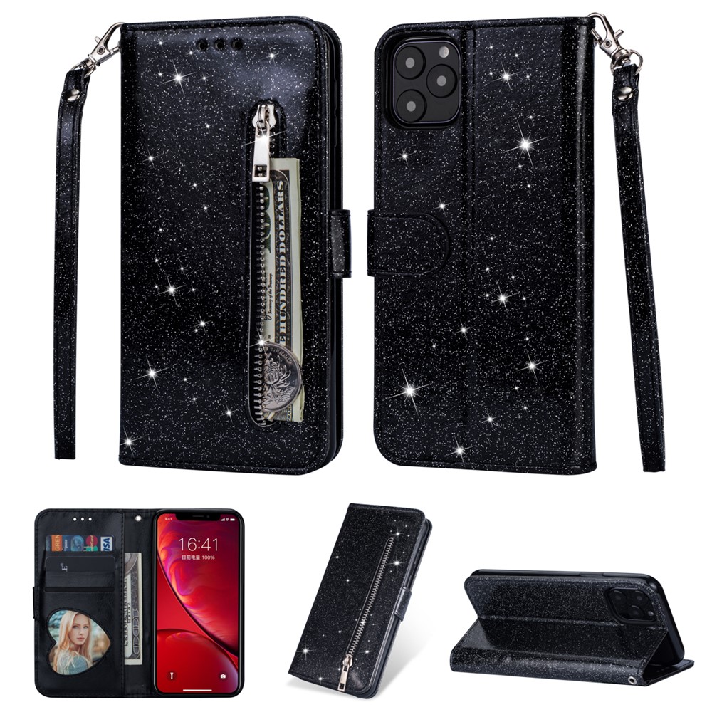 Flash Powder Zipper Pocket Wallet Flip Leather Phone Cover with Strap for iPhone (2019) 5.8-inch - Black-1