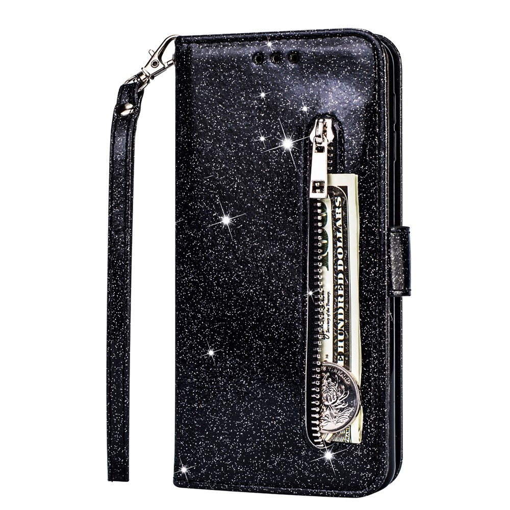 Carteira Do Bolso Do Zipper Do Pó Instantâneo Tampa Do Telefone Do Couro Do Aleta Com A Correia Para O Iphone (2019) 5.8-inch - Preto-2