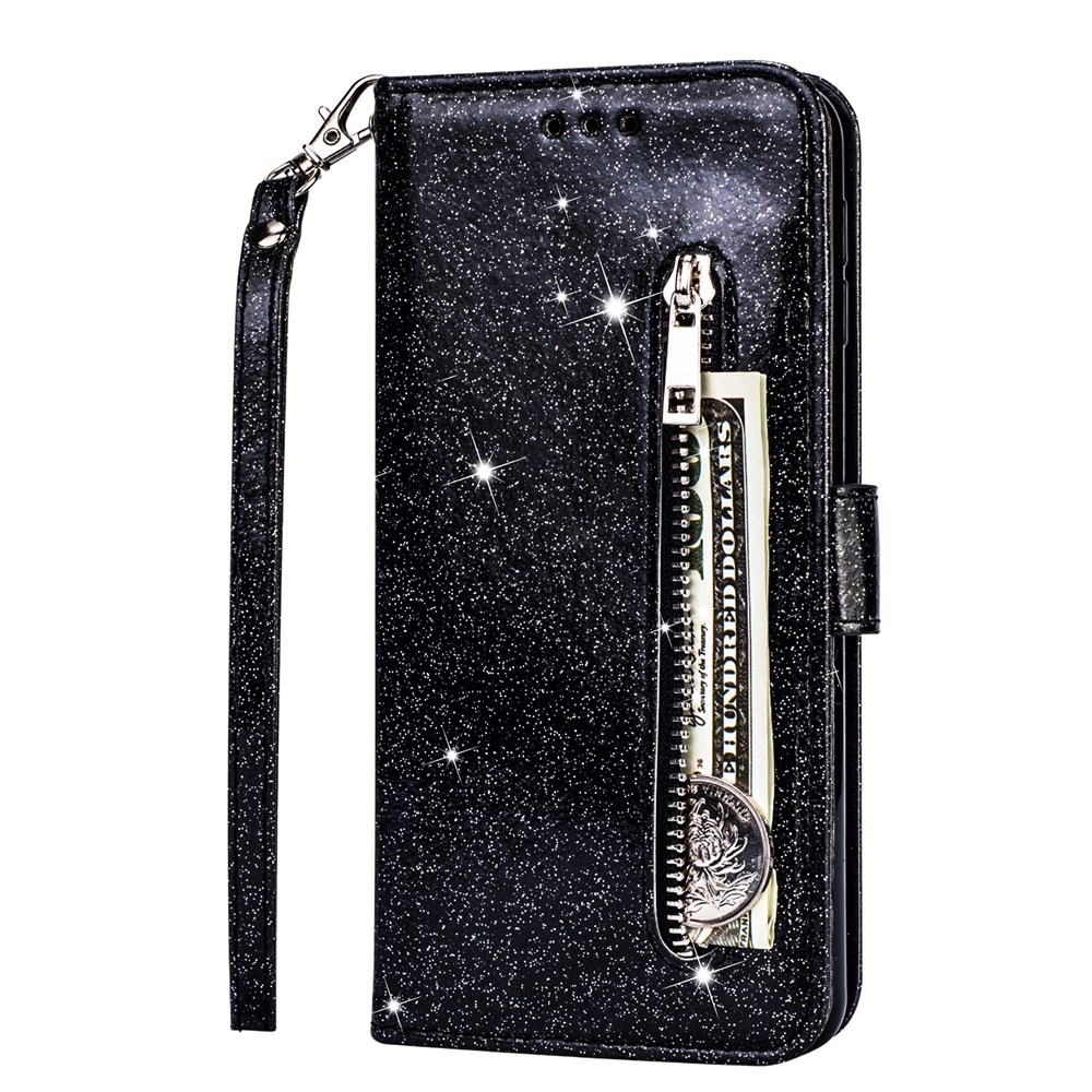 Flash Powder Zipper Pocket Wallet Flip Leather Phone Cover with Strap for iPhone (2019) 5.8-inch - Black-2