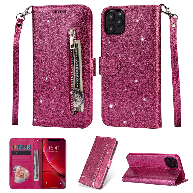 Flash Powder Zipper Pocket Wallet Flip Leather Phone Cover with Strap for iPhone 11 Pro 5.8 inch (2019) - Rose-1