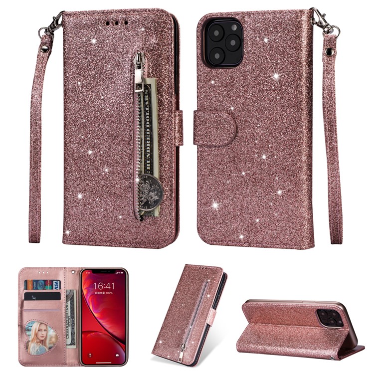 Flash Powder Zipper Pocket Wallet Flip Leather Phone Cover with Strap for iPhone 11 Pro 5.8 inch (2019) - Rose Gold-1