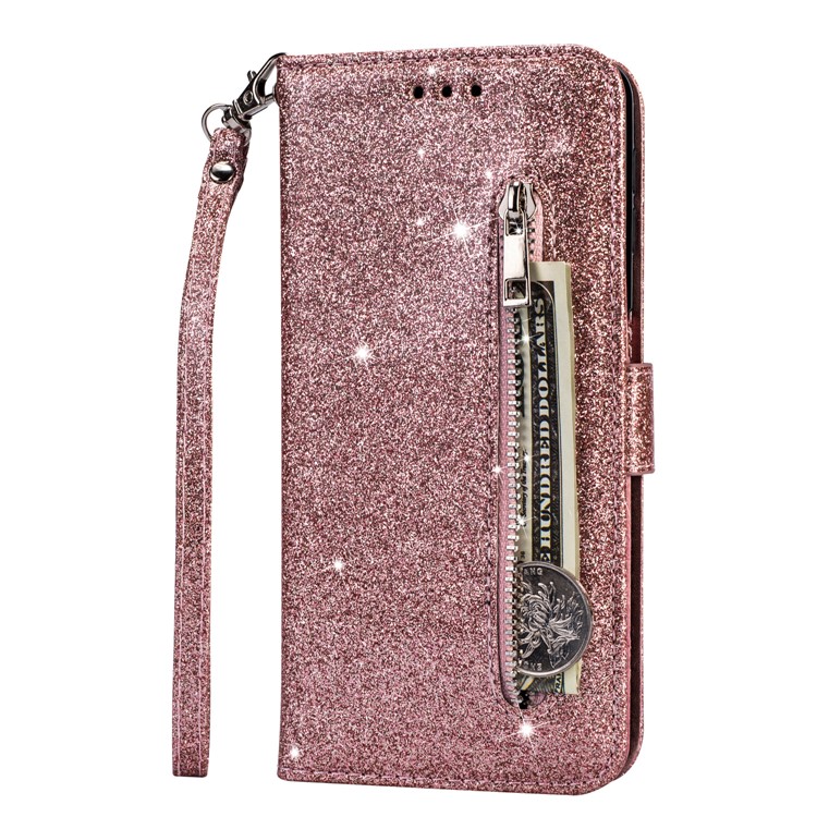Flash Powder Zipper Pocket Wallet Flip Leather Phone Cover with Strap for iPhone 11 Pro 5.8 inch (2019) - Rose Gold-2
