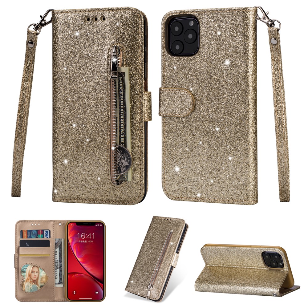 Flash Powder Zipper Pocket Wallet Flip Leather Phone Cover with Strap for iPhone 11 Pro 5.8 inch (2019) - Gold-1