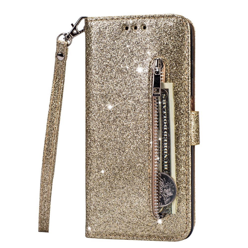 Flash Powder Zipper Pocket Wallet Flip Leather Phone Cover with Strap for iPhone 11 Pro 5.8 inch (2019) - Gold-2