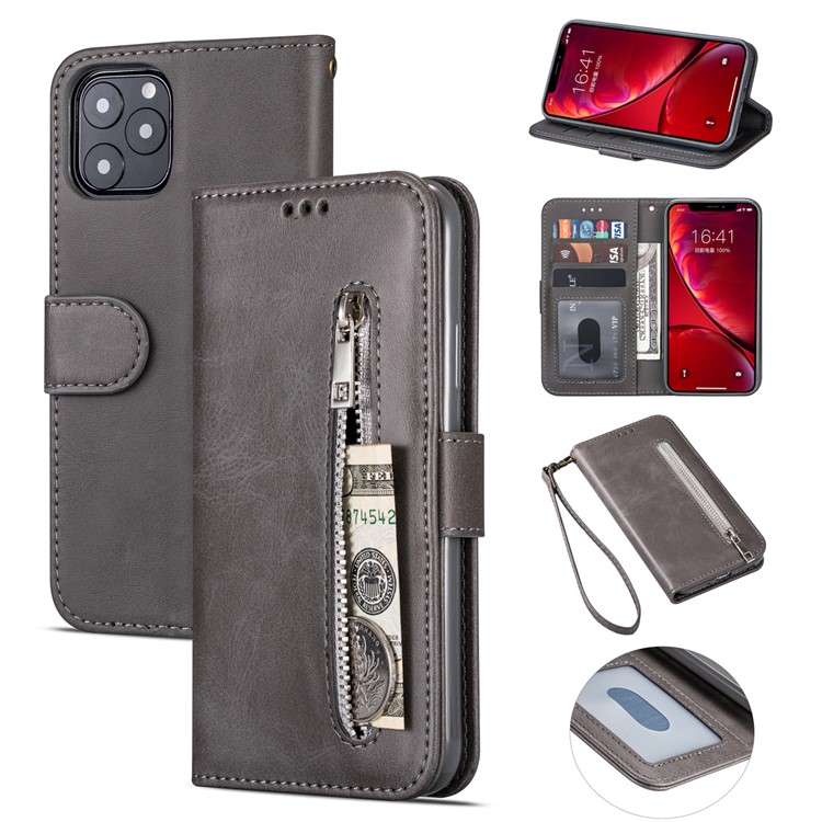 Zipper Pocket Leather Wallet Stand Case for iPhone 11 Pro Max 6.5 inch (2019) - Grey-1