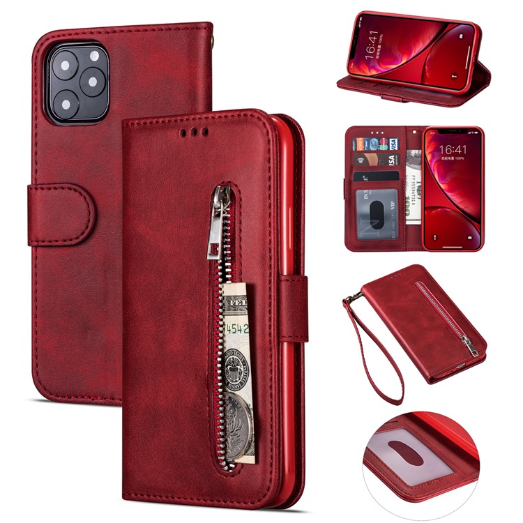 Zipper Pocket Leather Wallet Stand Case for iPhone 11 Pro Max 6.5 inch (2019) - Red-1
