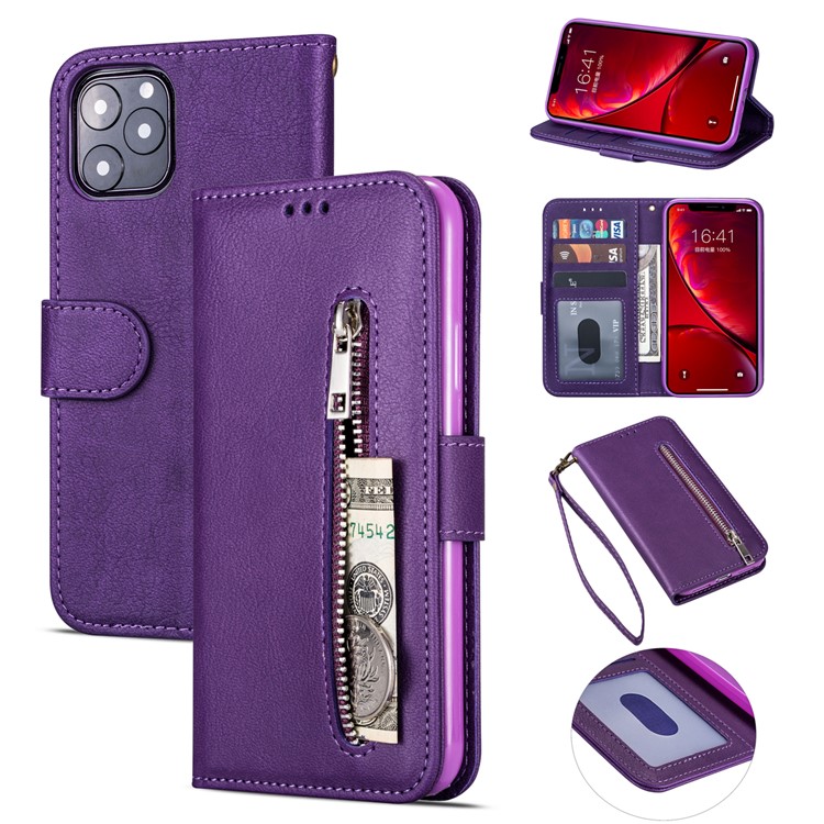 Zipper Pocket Leather Wallet Stand Case for iPhone 11 Pro Max 6.5 inch (2019) - Purple-1