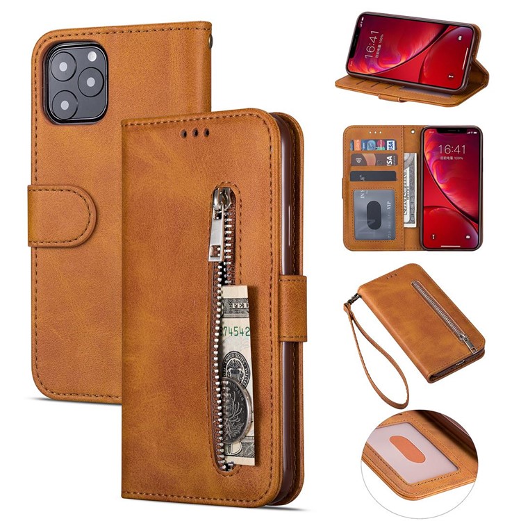 Zipper Pocket Leather Wallet Stand Case for iPhone 11 Pro Max 6.5 inch (2019) - Brown-1