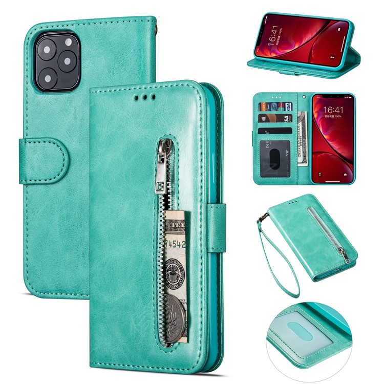 Zipper Pocket Leather Wallet Case for iPhone 11 6.1 inch (2019) - Cyan-1