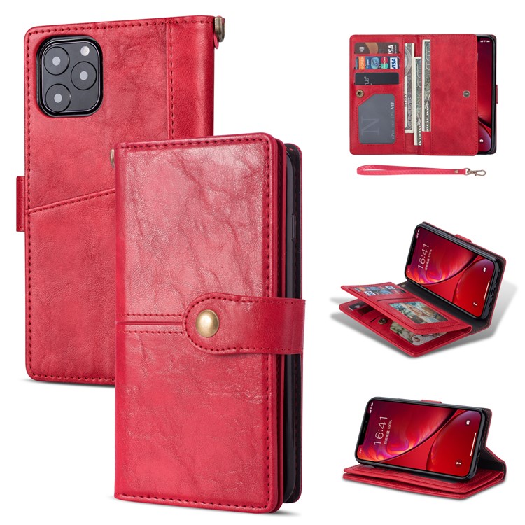 Retro Metal Buckle Wallet Stand Leather Phone Case with Lanyard for iPhone 11 Pro Max 6.5 inch (2019) - Red-1