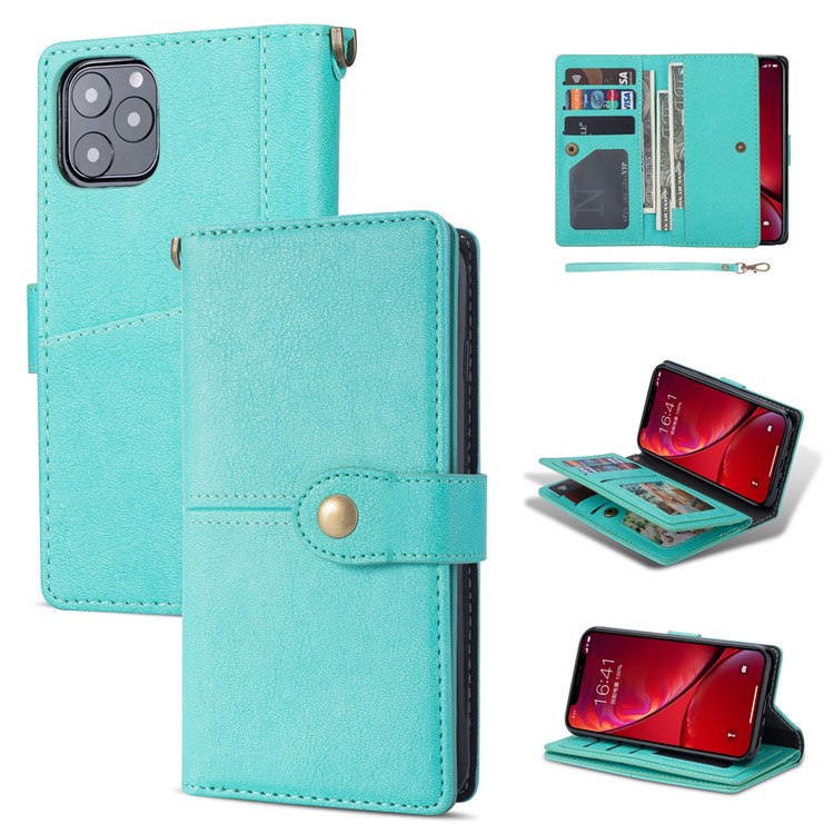 Retro Metal Buckle Wallet Stand Leather Phone Case with Lanyard for iPhone 11 Pro Max 6.5 inch (2019) - Cyan