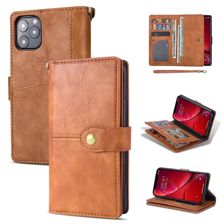 Retro Metal Buckle Wallet Stand Leather Phone Case with Lanyard for iPhone 11 Pro Max 6.5 inch (2019) - Brown-1