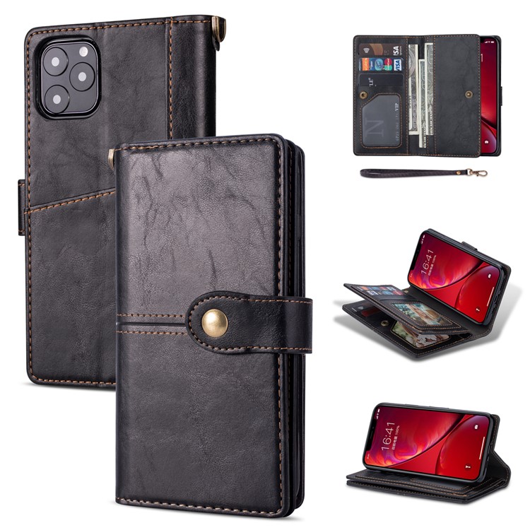 Retro Metal Buckle Wallet Stand Leather Phone Case with Lanyard for iPhone 11 6.1-inch (2019) - Black-1