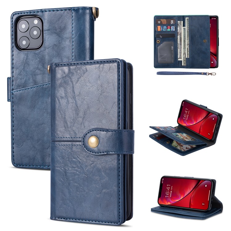 Retro Metal Buckle Wallet Stand Leather Phone Case with Lanyard for iPhone 11 6.1-inch (2019) - Dark Blue-1