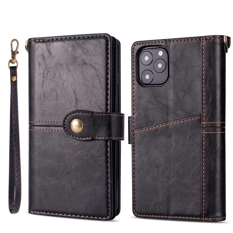 Retro Metal Buckle Wallet Stand Leather Phone Case with Lanyard for iPhone (2019) 5.8-inch - Black-2