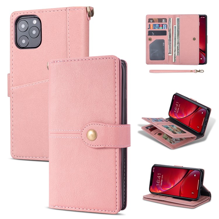 Retro Metal Buckle Wallet Stand Leather Phone Case with Lanyard for iPhone 11 Pro 5.8-inch (2019) - Pink-1